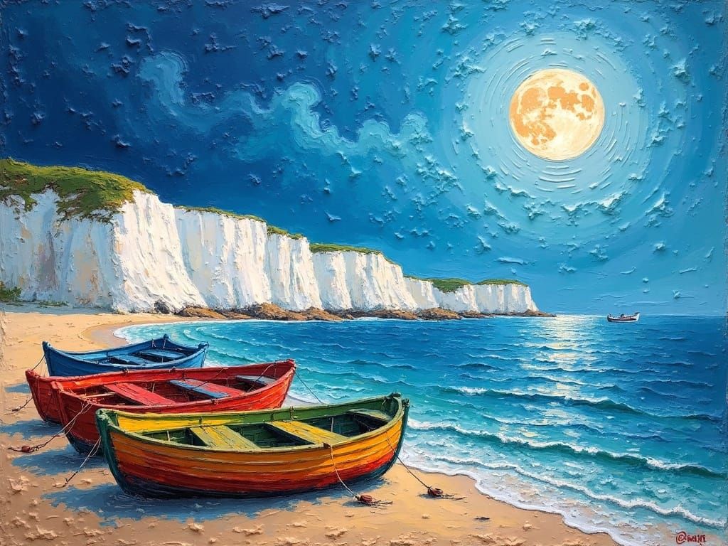 Moonlit White Cliffs: An Impasto Oil Painting