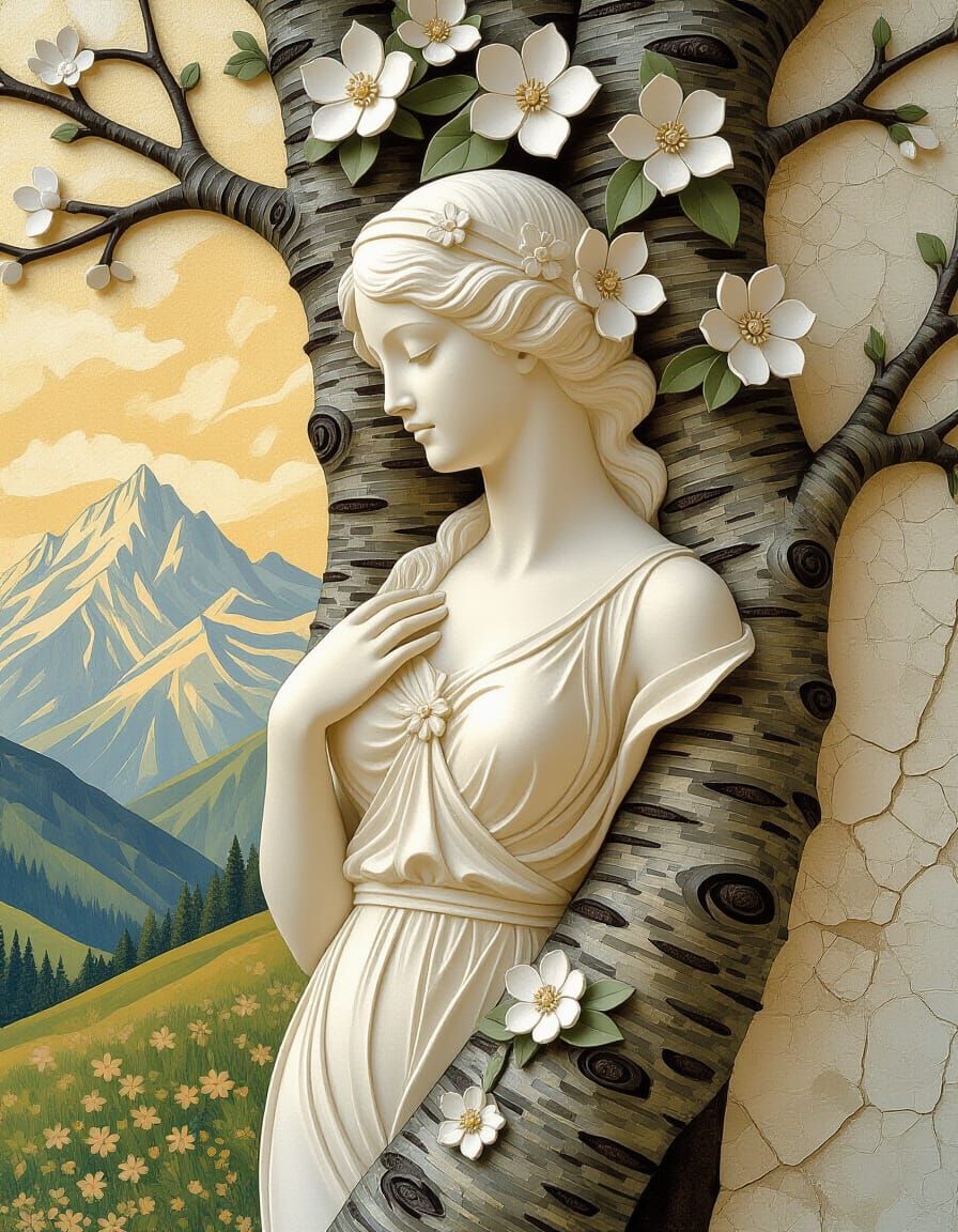 Art Nouveau Fresco Fusion: Woman Blends with Alpine Flora