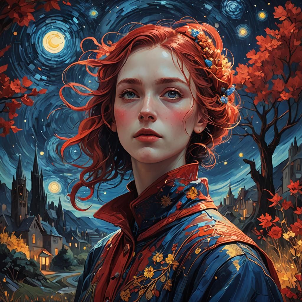 Starry Night Fantasy: Girl in Van Gogh Style