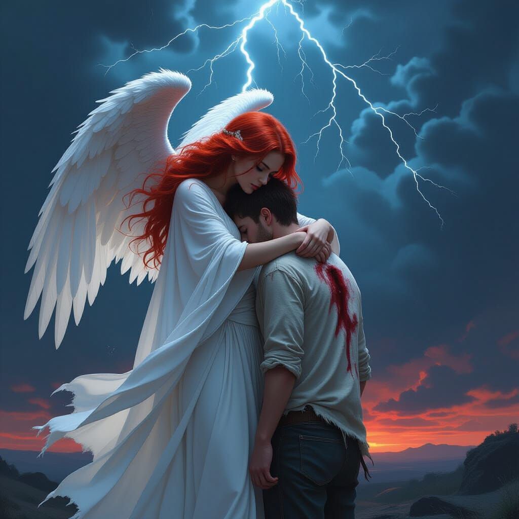 Amazon Angel Protecting Human in Lightning Storm