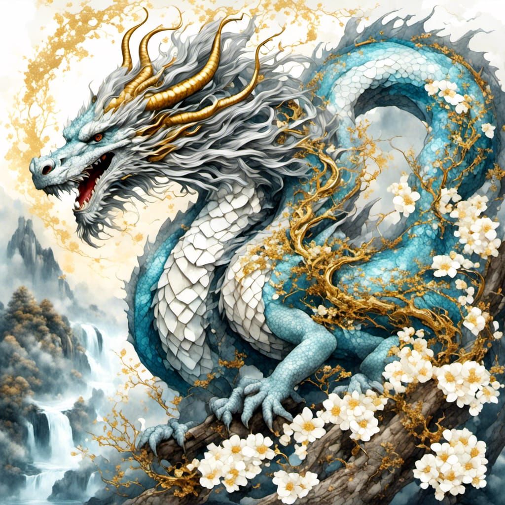 Iridescent Dragon Watercolor Painting with Blossoms