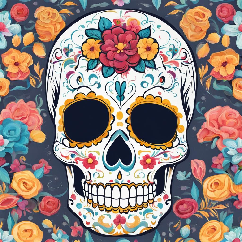 Colorful Sugar Skull with Floral Design