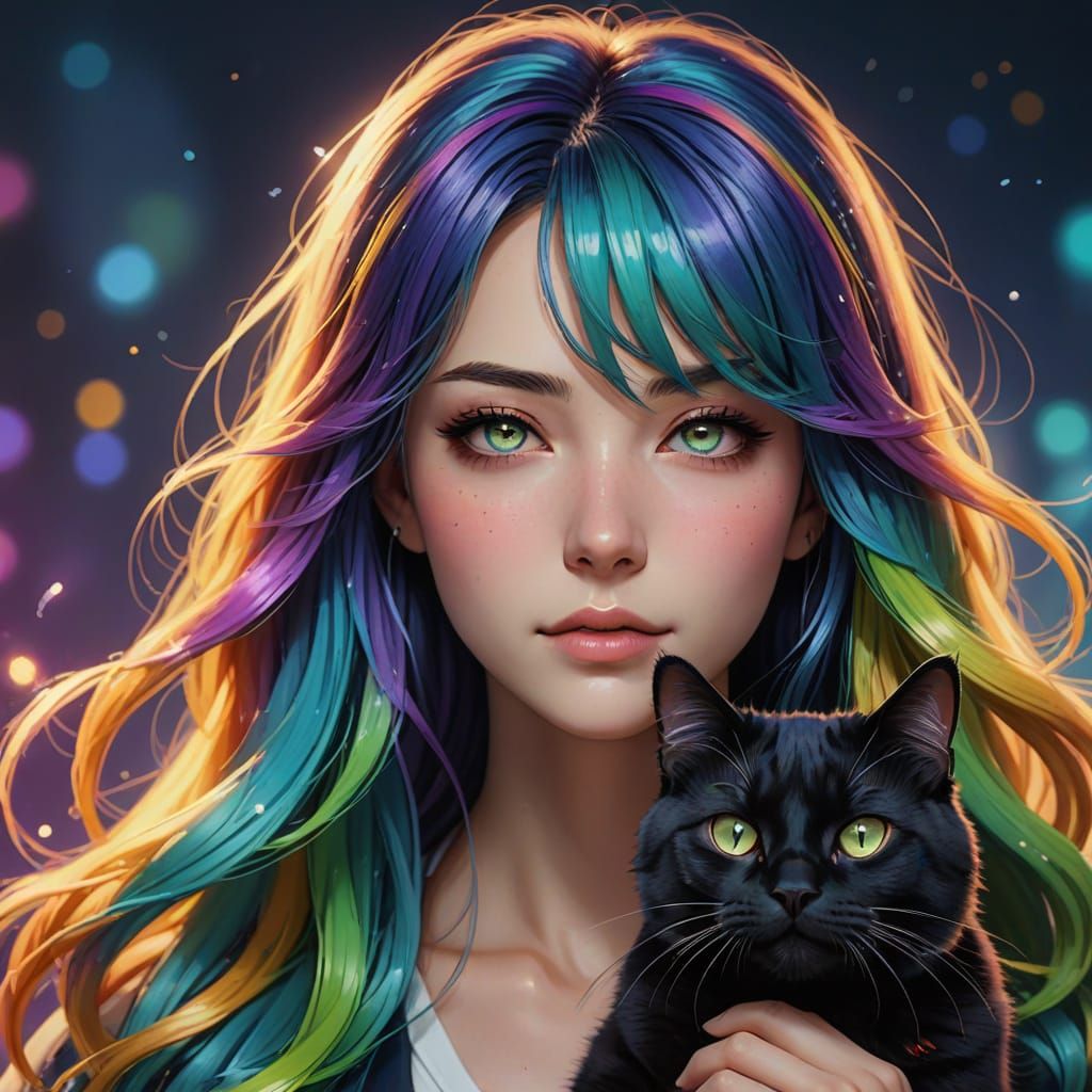 Anime Woman and Black Cat Nose-to-Nose Portrait