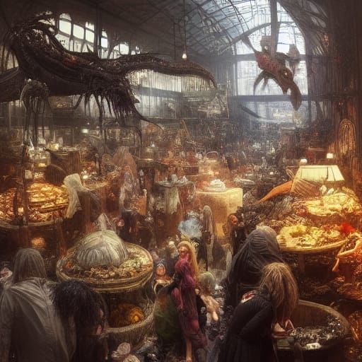 Busy Fantasy Black Market with Fairies and Goblins