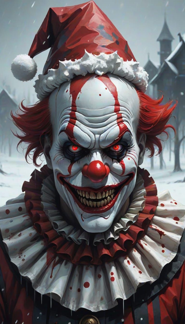 Terrifying Clown Santa in Desolate Snowscape