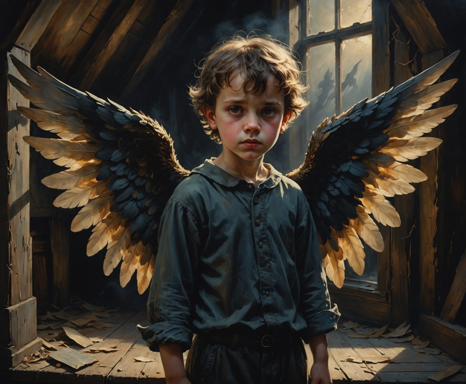 Ominous Child Angel in Dark Attic Oil Painting