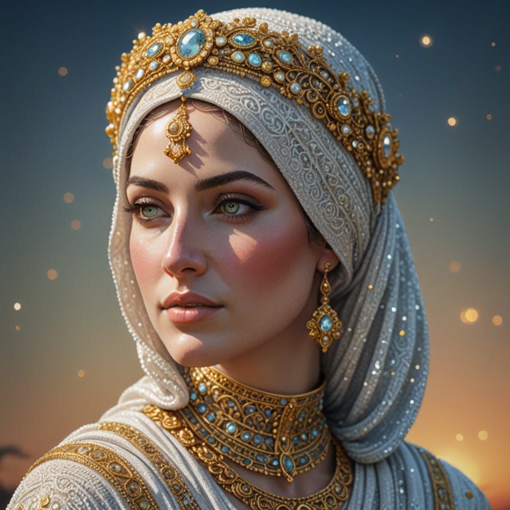 A portrait of an ancient Greek goddess wearing hijab