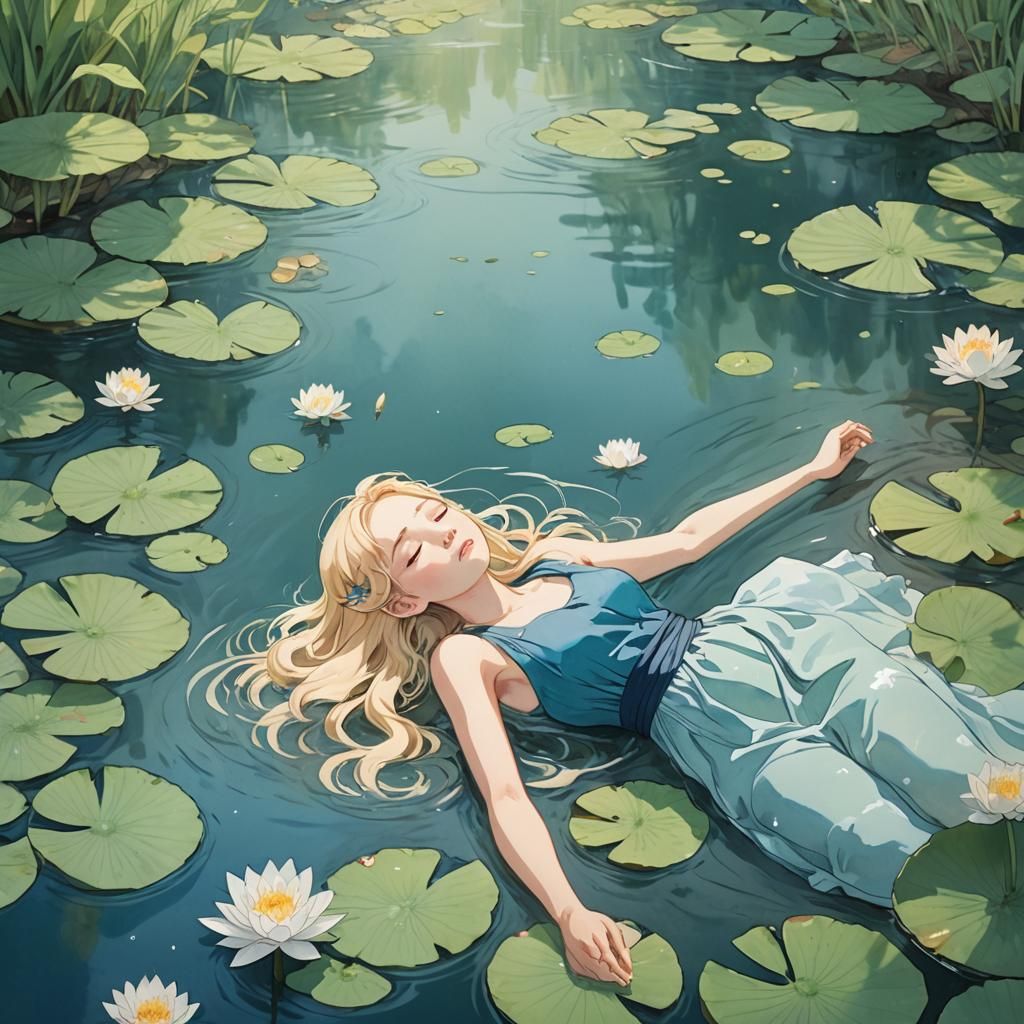 Anime Woman Crying in River, Ghibli Style