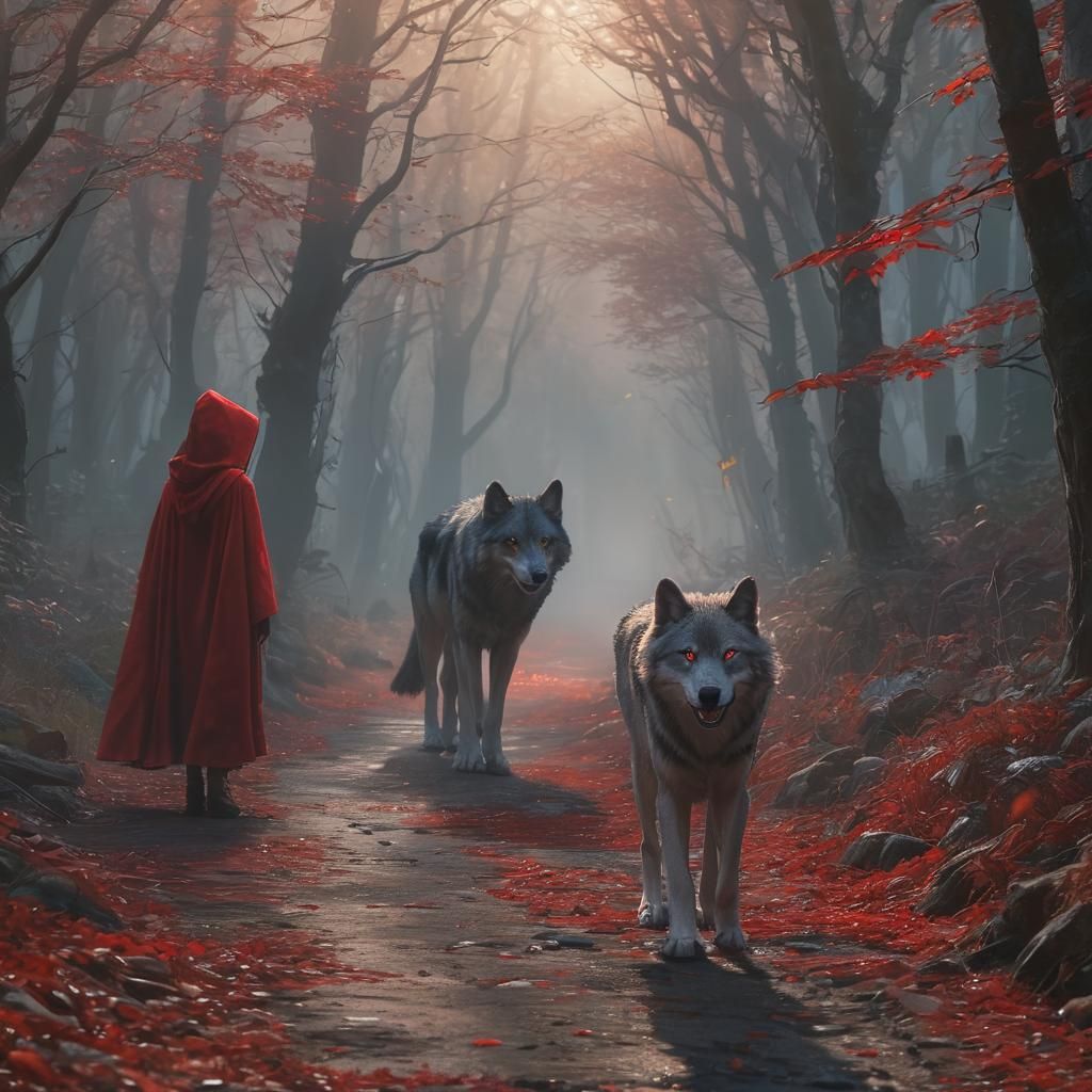 Menacing Wolf Observes Girl in Red Cloak