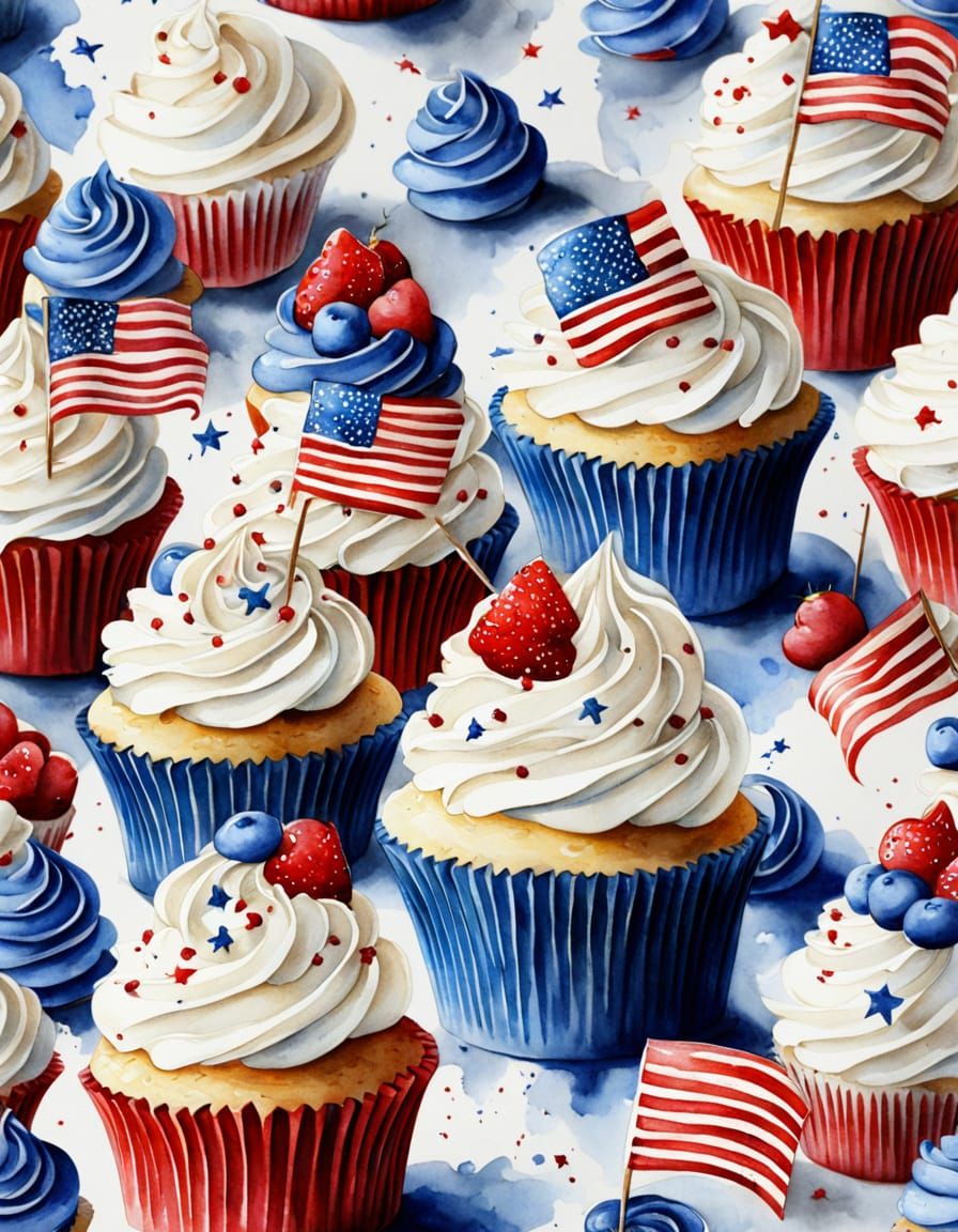Colorful Watercolor Patriotic Cupcakes