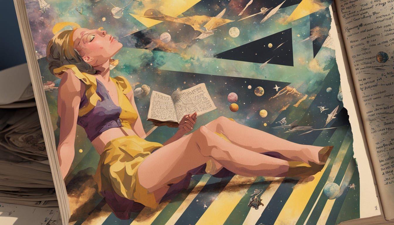 Alien Girl in Cosmic Landscape with Comic Book and Quantum C...