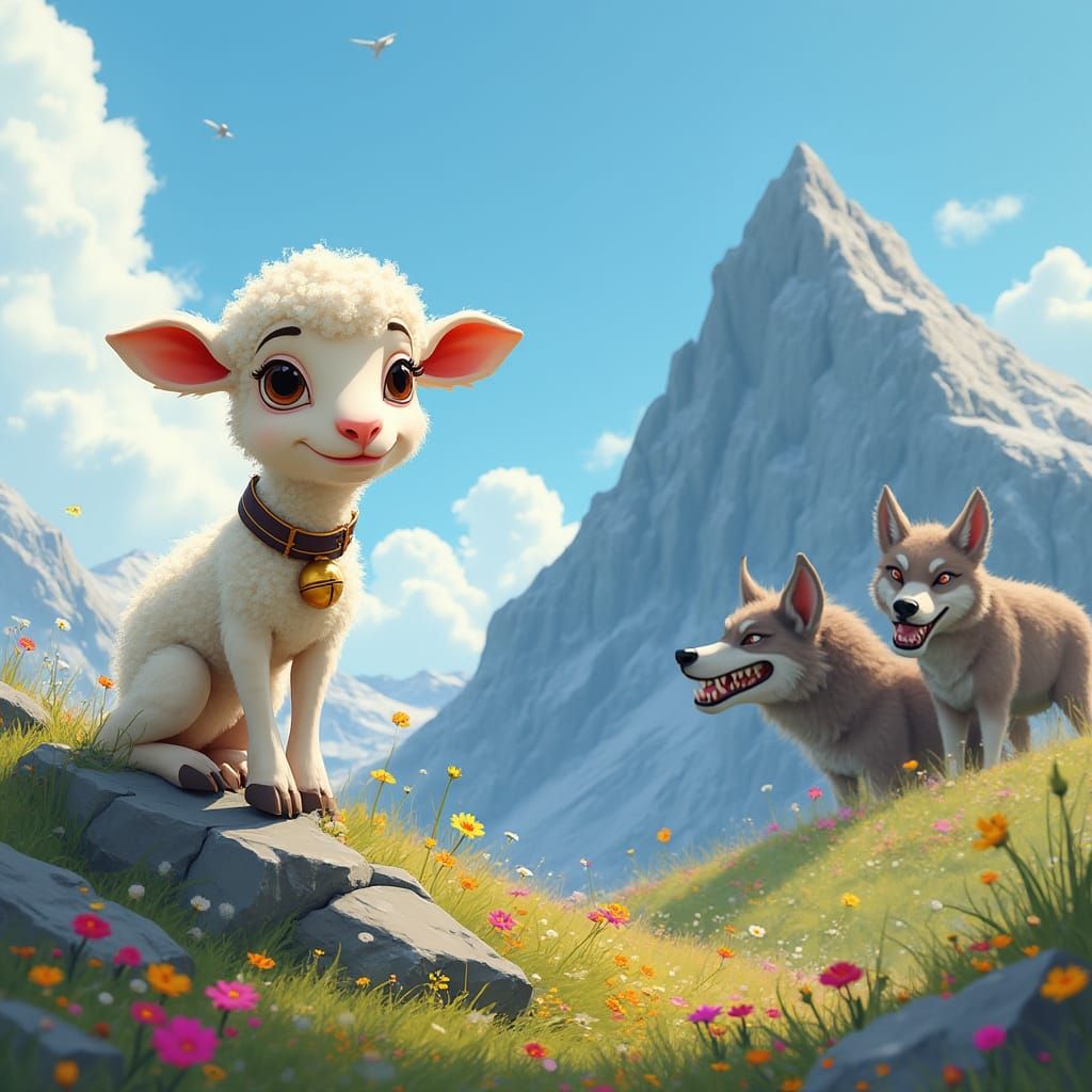 Lamb Hiding from Wolves in Pixar Cartoon Style