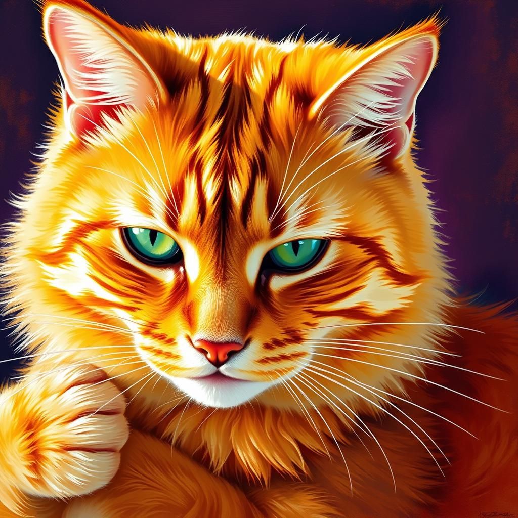Orange-Red Cat Grooming, Impressionist Style