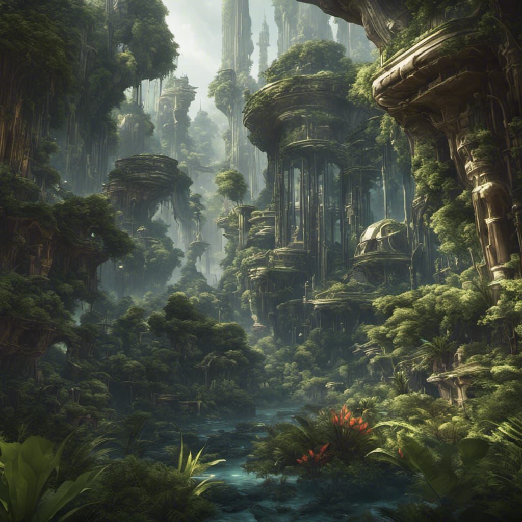 Futuristic Jungle Civilization: Detailed Matte Painting