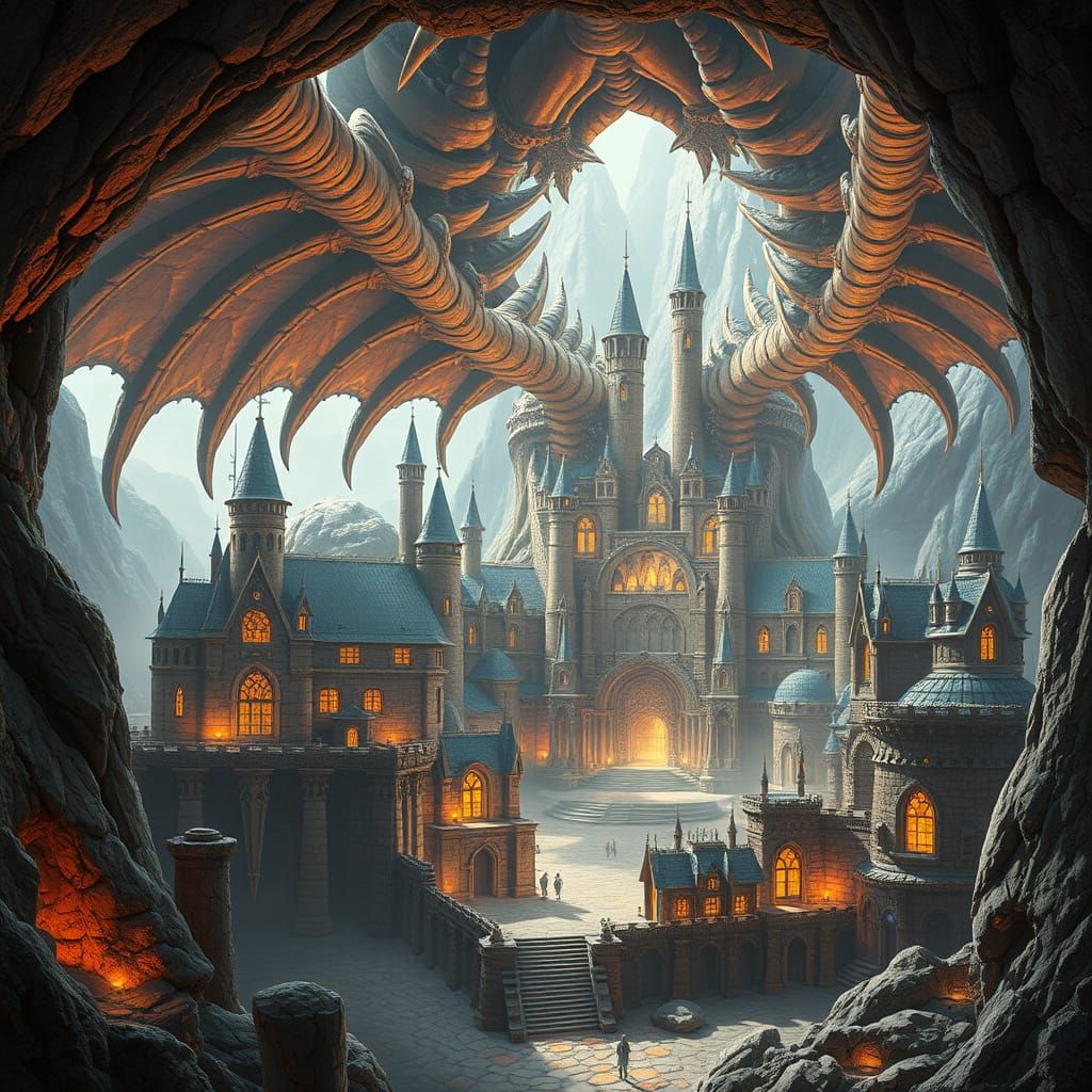 Ethereal Fantasy City Amidst Ancient Dragon Remains