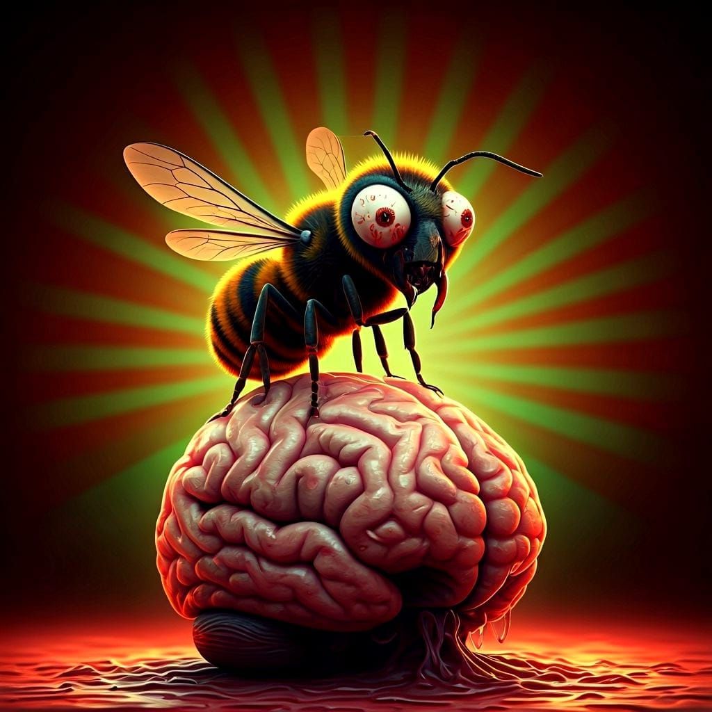 Zombie Bee with Bloodshot Eyes on Brain in 3D Digital Art St...