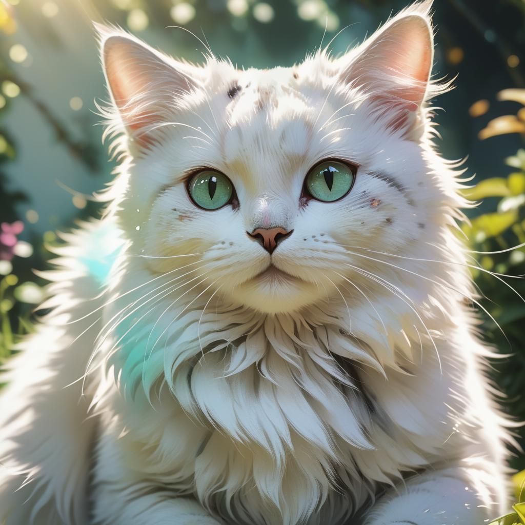 Anime White Cat with Black Speckles in Garden
