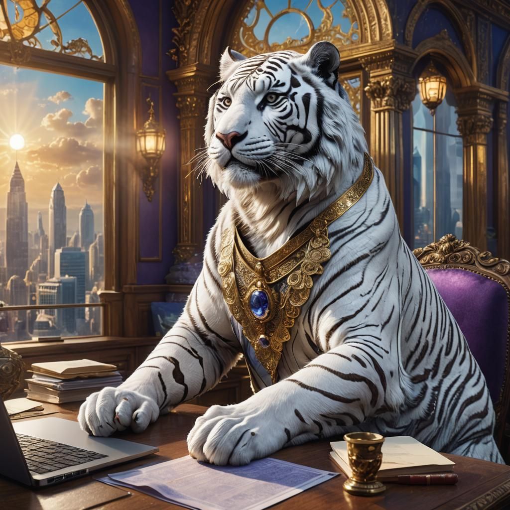 White Tiger CEO in Ornate Office: Fantasy Concept Art