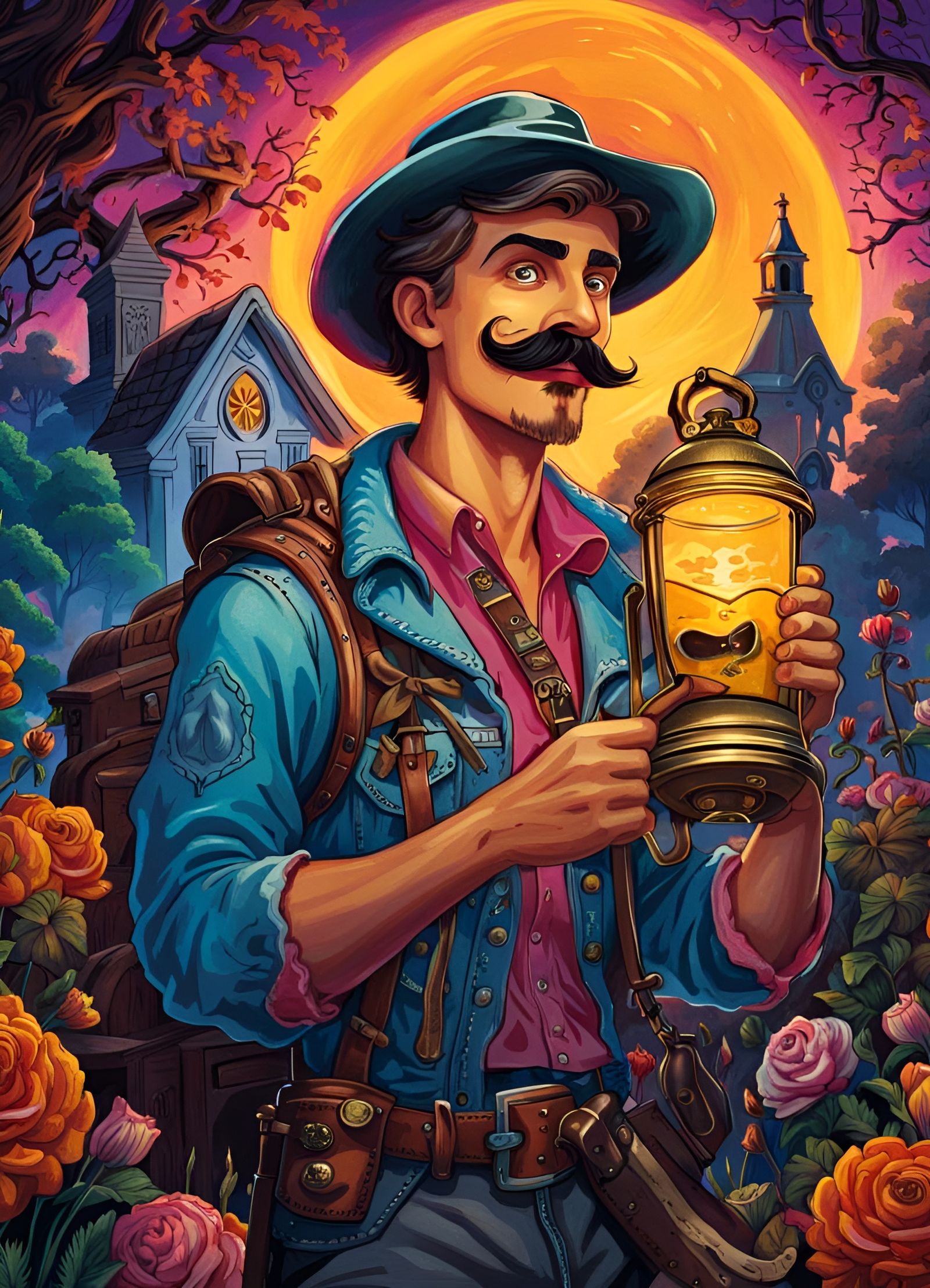 Surprised Man and Skeleton in Cemetery, Alan Lee Style