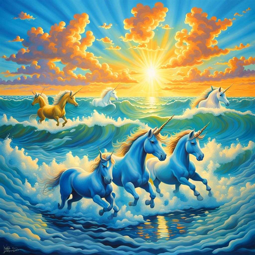 Unicorns Playing in Ocean Waves in Pop Art Style