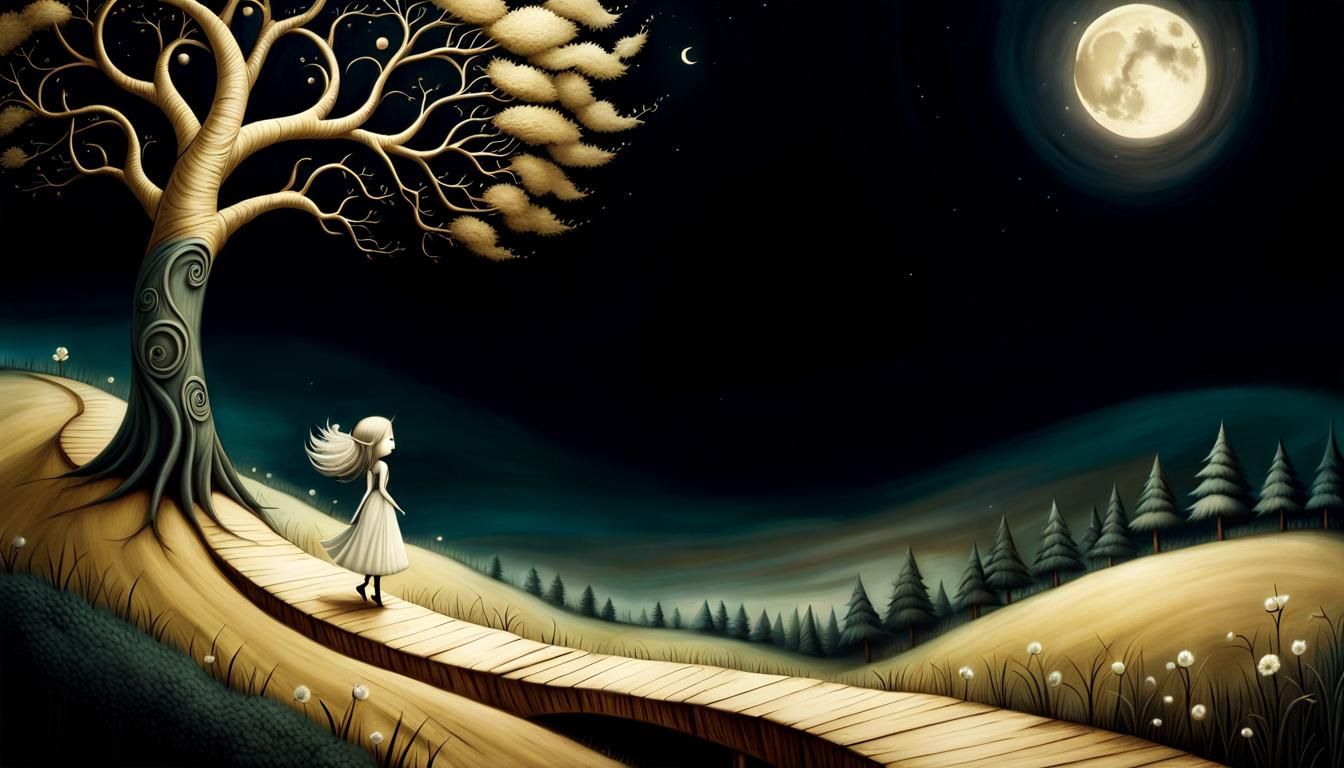 Nightmarish Illustration of Woman on Curvilinear Path