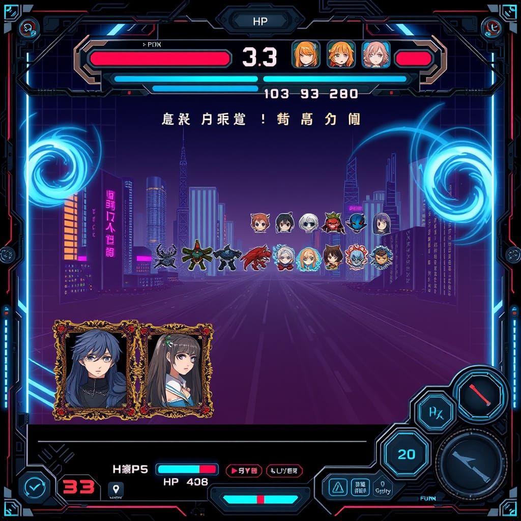 Futuristic Cyberpunk JRPG Battle Screen with Magical Auras