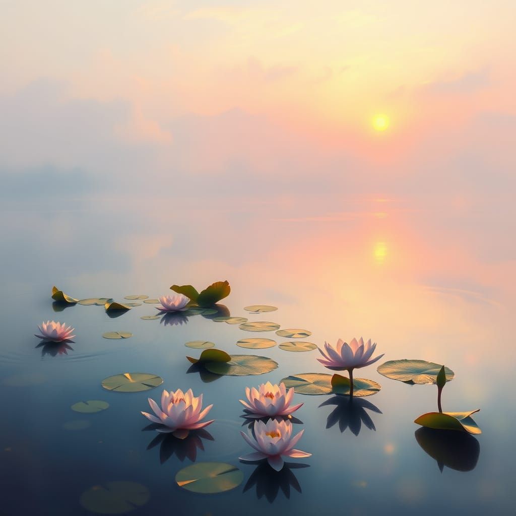 Serene Lake at Dawn with Lotus Flowers