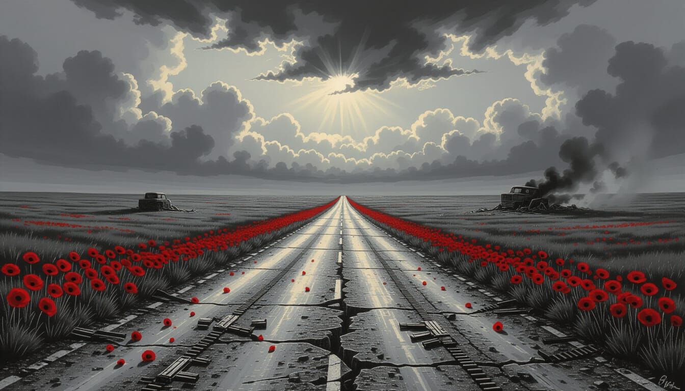 Desolate Road with Red Poppies: Gritty Black and White Illus...