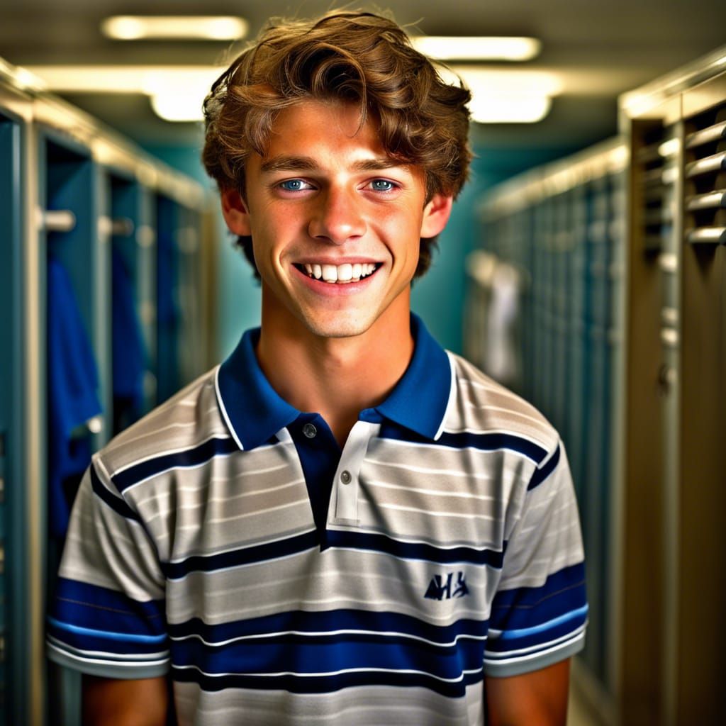 Hyperrealistic Portrait of a Smiling Boy in Locker Room