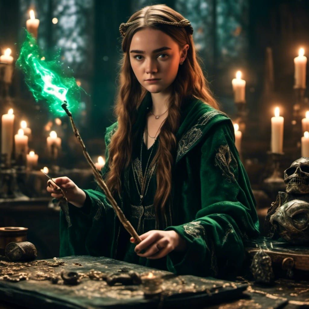 Slytherin Student Casting Spell in Hyperreal Detail