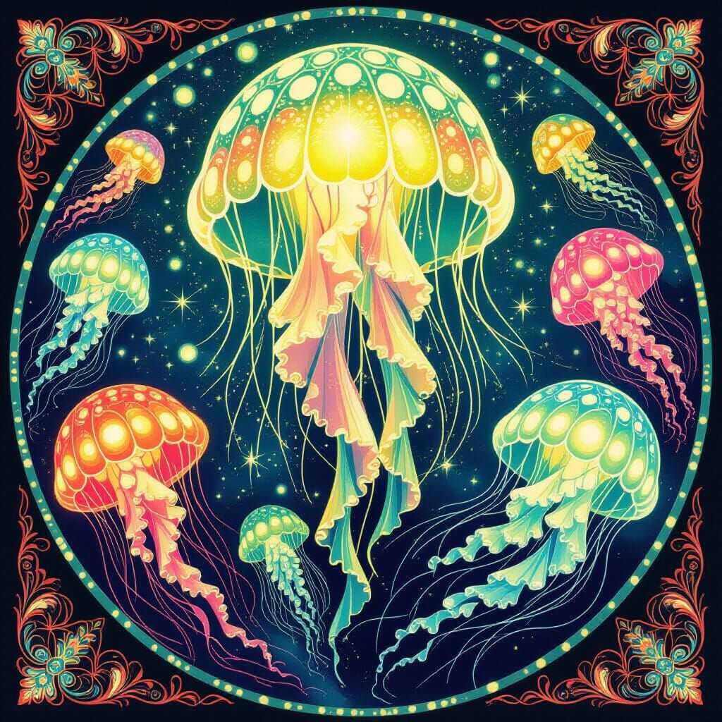 Bioluminescent Jellyfish Kaleidoscope in Art Nouveau Style