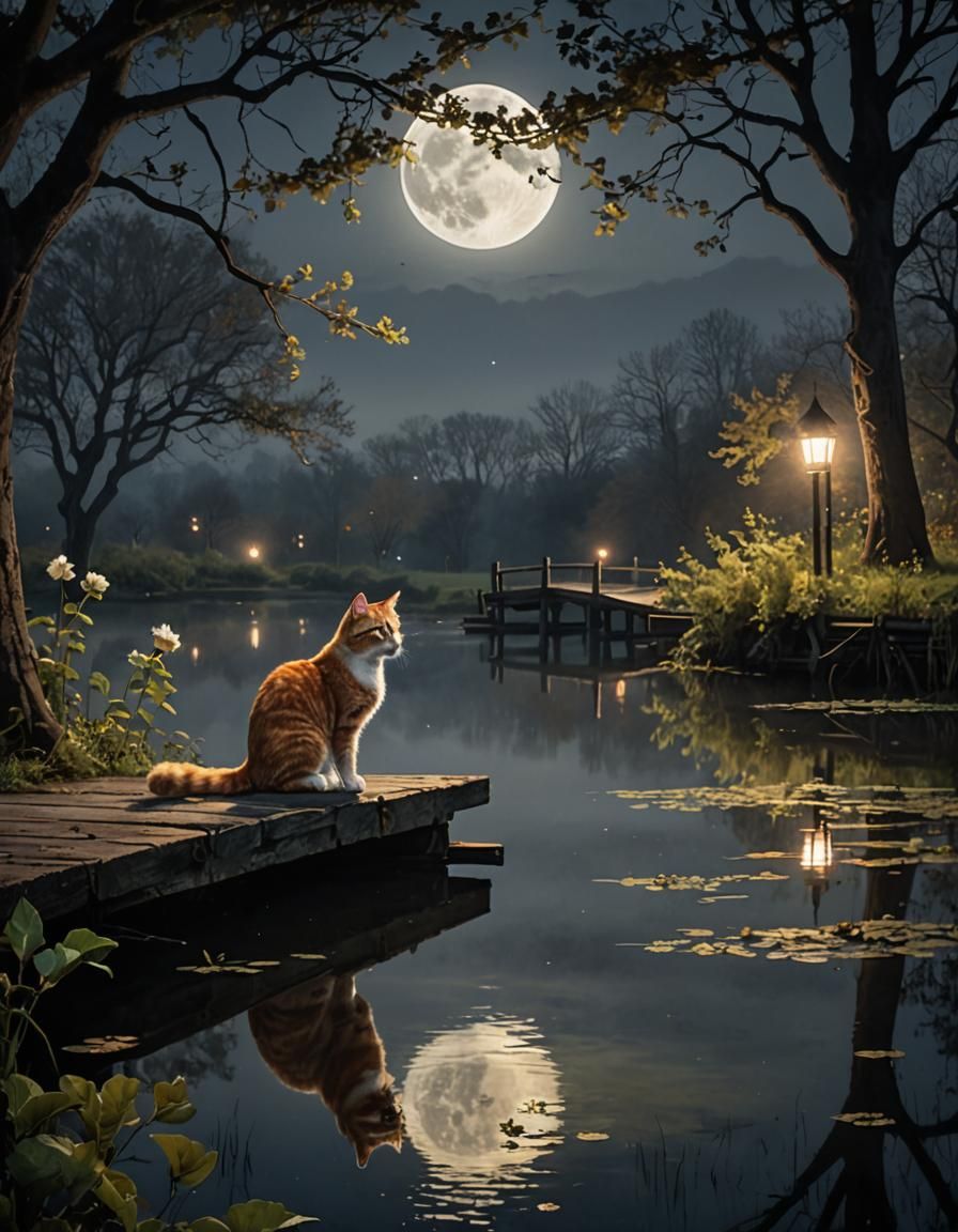 Ginger Tabby Cat in Misty Midnight Orchard
