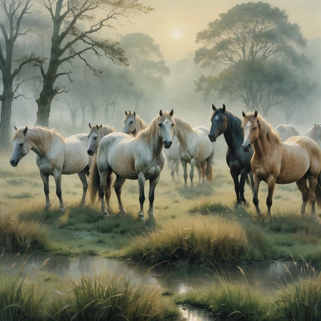 Ethereal Horses in Misty Field: Fantasy Illustration
