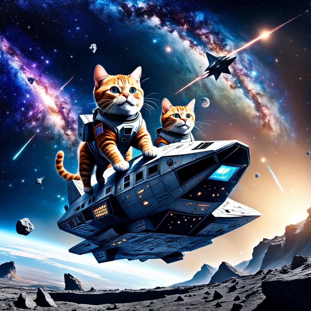 Space Cat Flying Spaceship in Starry Sky