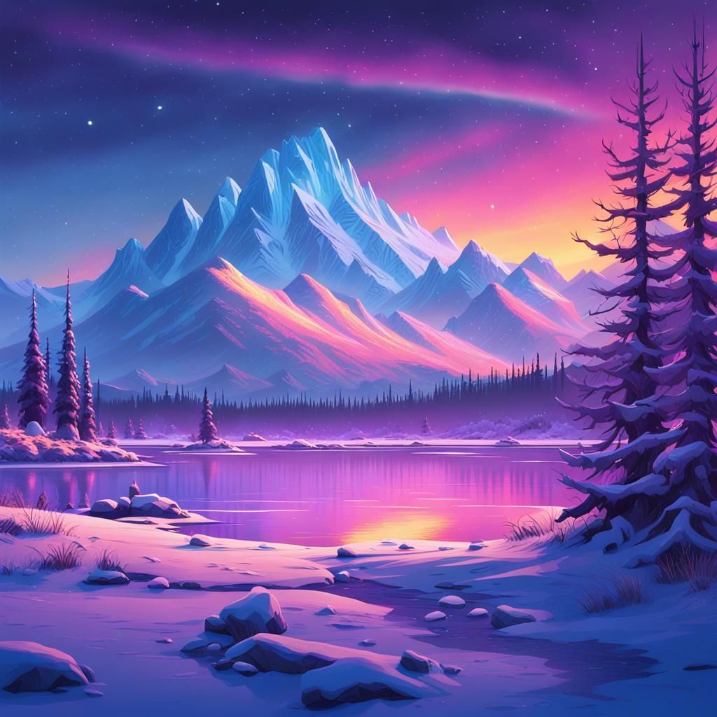 Aurora Borealis over Frozen Winter Lake