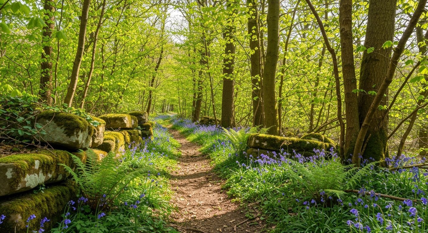 English Woodland in Spring: Photorealistic Path & Bluebells