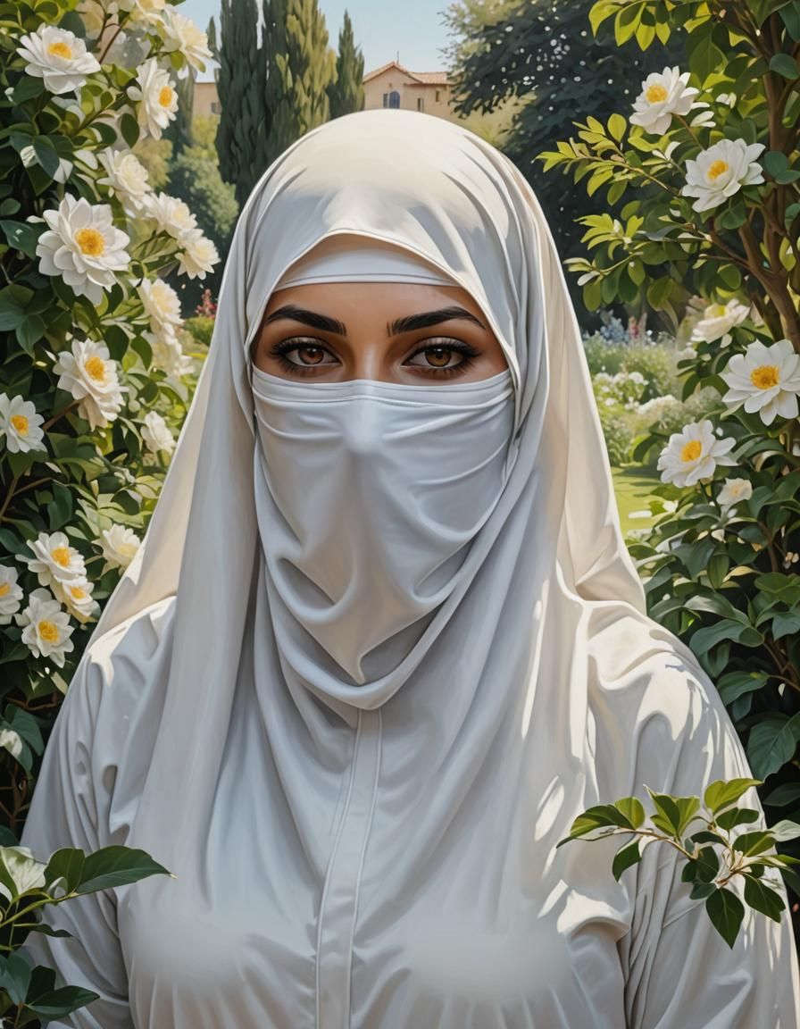 Portrait of Niqabi Woman in Garden, Oil Painting