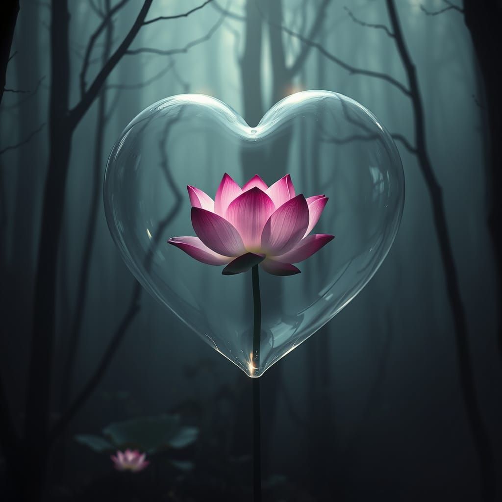 Heart-Shaped Bubble with Lotus in Misty Forest