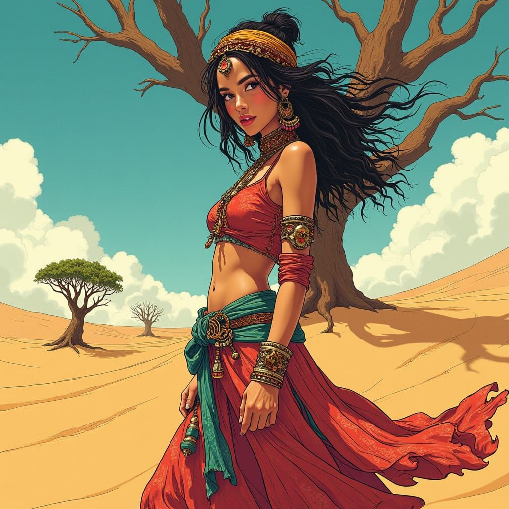 Nomadic Woman in Desert Landscape: Anime Comic Style