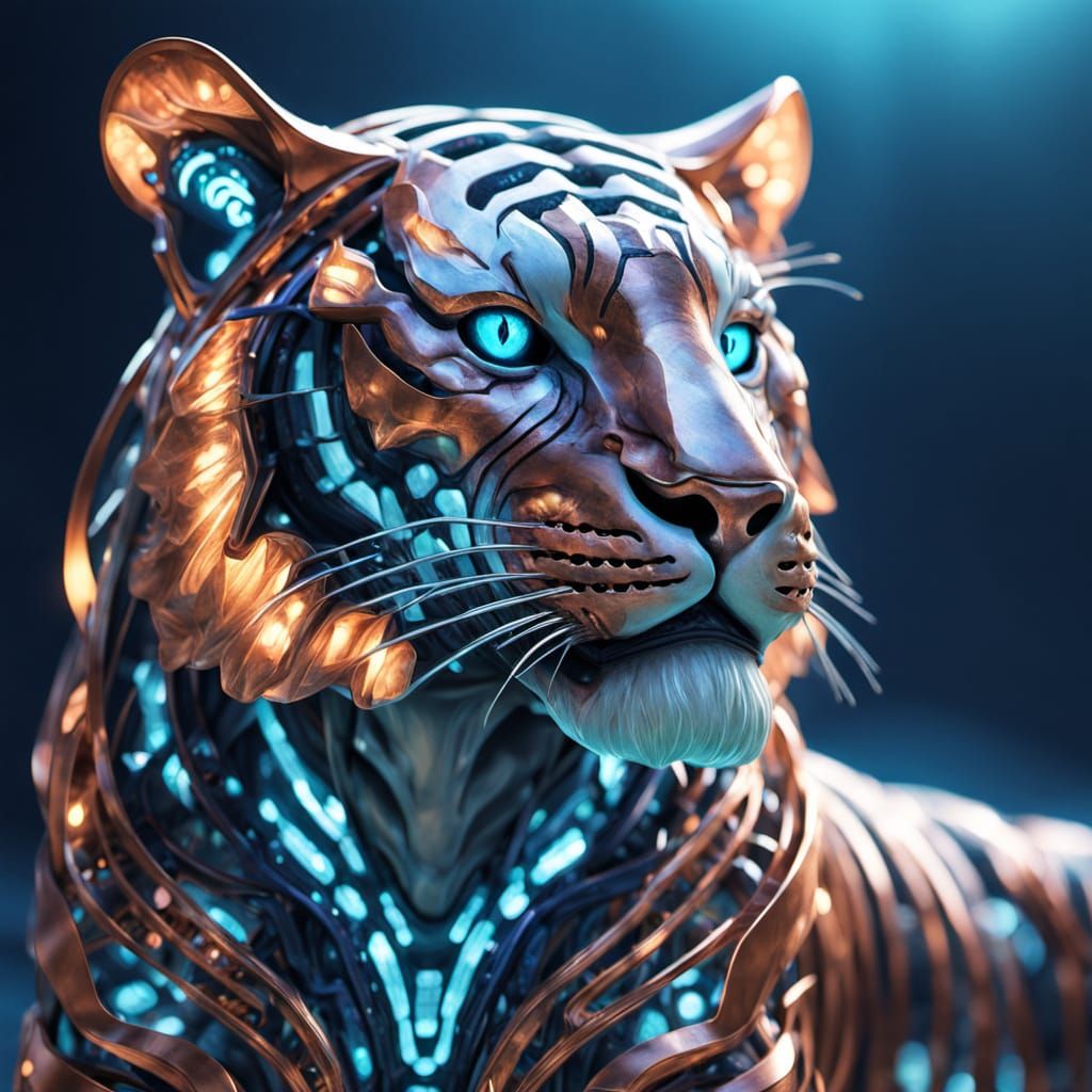Biomechanical Tiger on Circuit Mountain in Digital Art