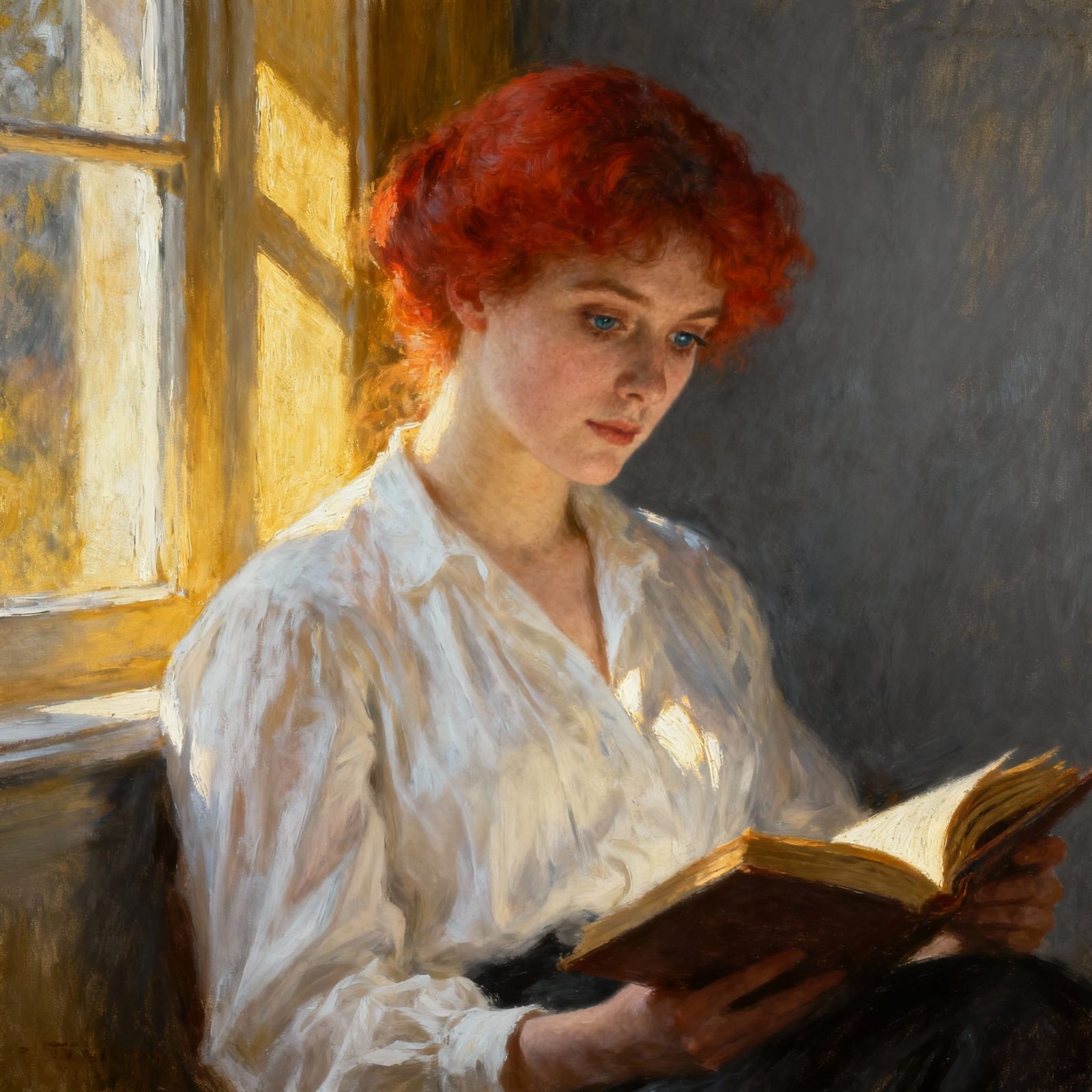 Woman Reading by Window in Painterly Style