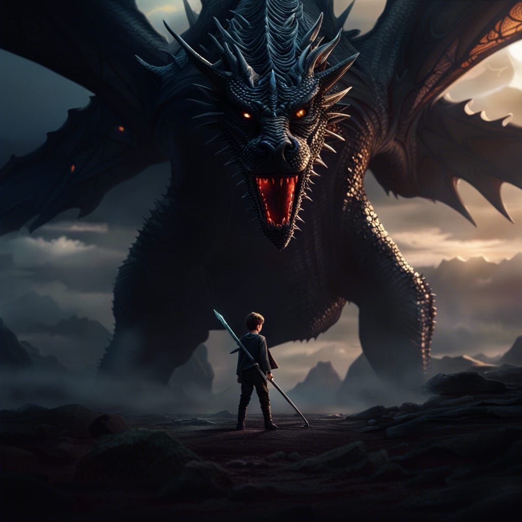 Boy with Sword Confronts Black Dragon: Epic Digital Art