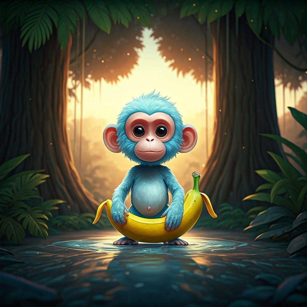 Frozen Monkey Amidst Vibrant Jungle in Sunset Glow