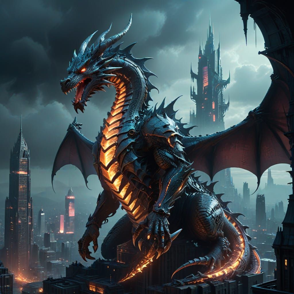 Biomechanical Dragon Coils Around Futuristic City Spire