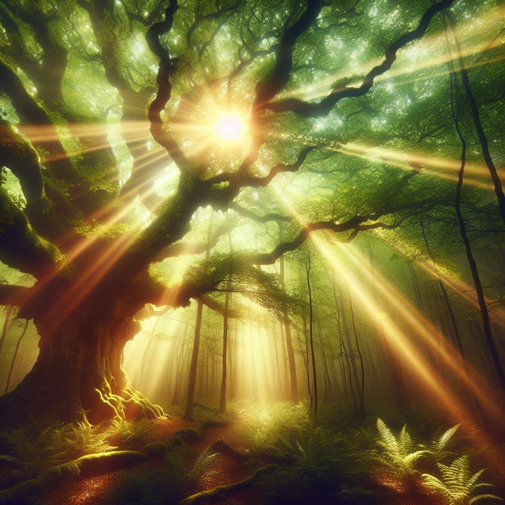 Mystical Forest: Ancient Oak Tree in Sunlight