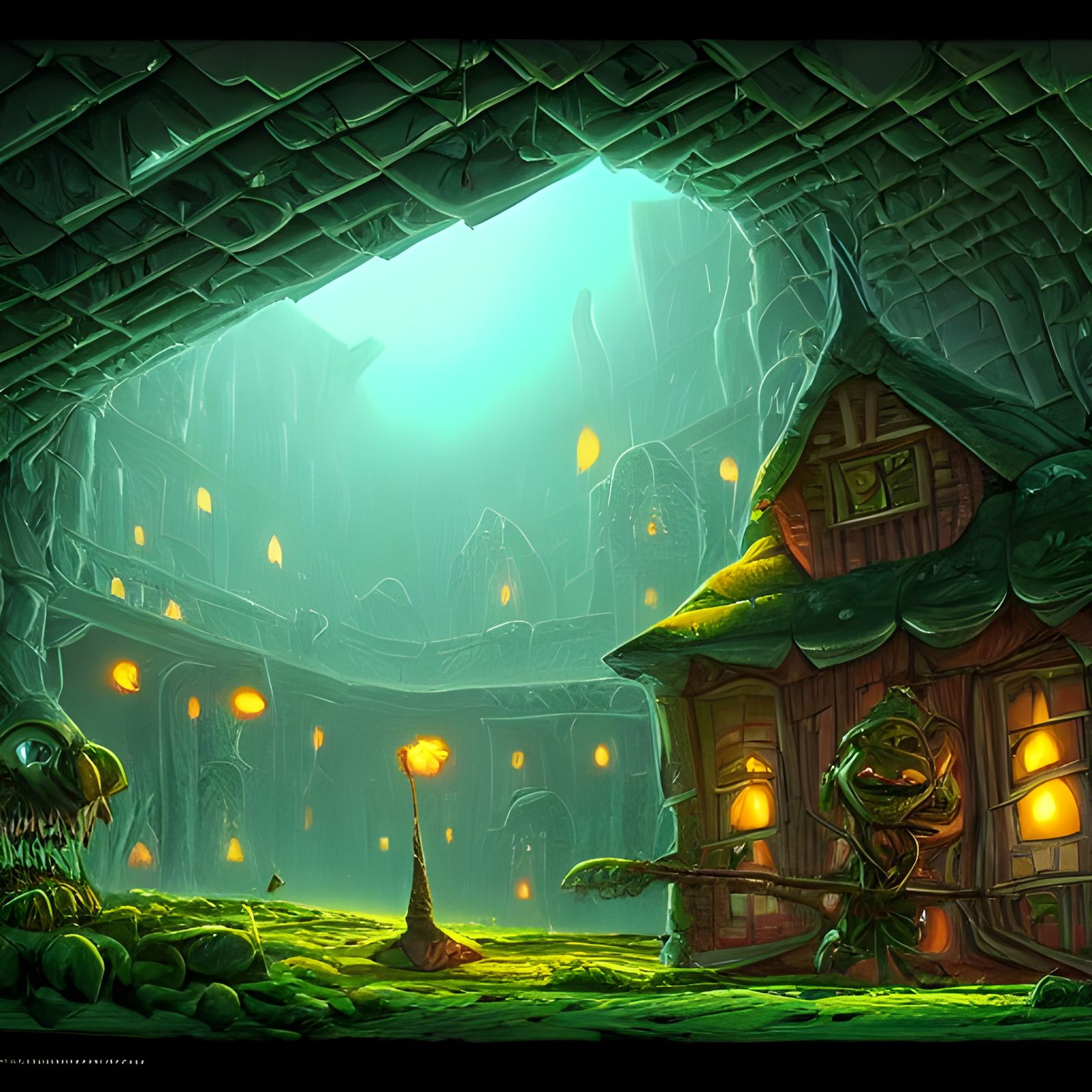 Detailed Goblin Lair: Duotone Digital Art