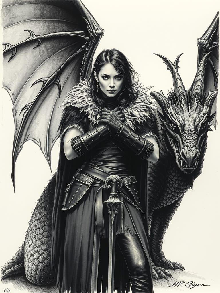 Female Warrior Tames Serene Dragon in Dark Fantasy Art
