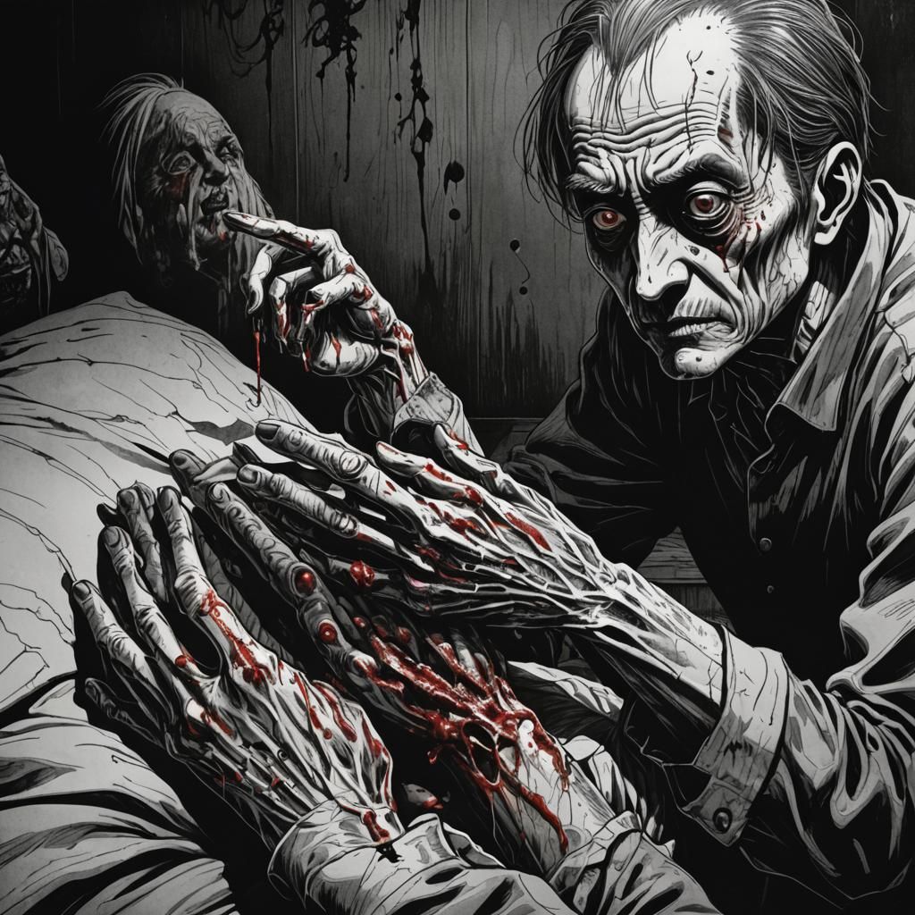 Young Man with Bloodied Hand in Junji Ito Style