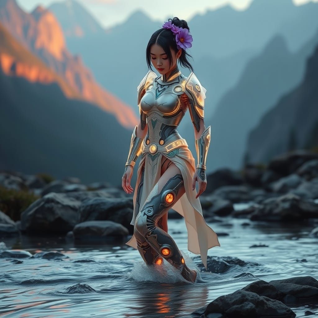 Cybernetic Monk Emerges from Mountain Stream