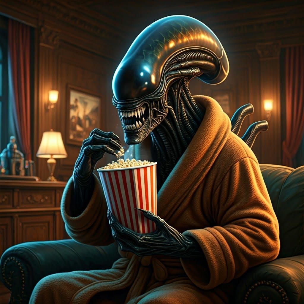 Xenomorph's Cozy Night: Comedy and Popcorn in 8K